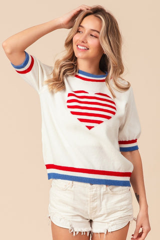 Shop BiBi US Flag Theme Striped Heart Sweater - High-Quality U.S. Made Women’s Fashion with Free & Fast Shipping