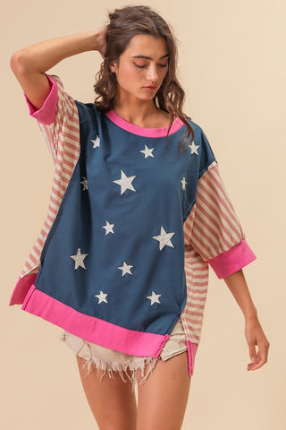 Shop BiBi US Flag Theme Color Block Star Patch T-Shirt - High-Quality U.S. Made Women’s Fashion with Free & Fast Shipping