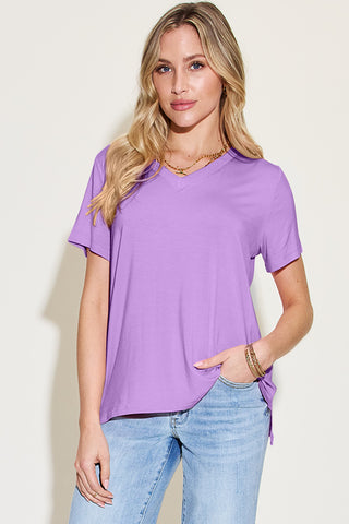 Shop Lavender Basic Bae Bamboo Full Size V-Neck High-Low T-Shirt - High-Quality U.S. Made Women’s Fashion with Free & Fast Shipping