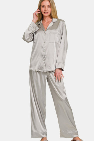 Shop Zenana Satin Long Sleeve Shirt and Pants Pajama Set - High-Quality U.S. Made Women’s Fashion with Free & Fast Shipping