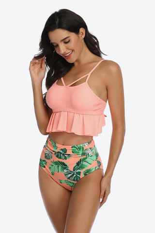 Shop Tropical Print Ruffled Two-Piece Swimsuit - High-Quality U.S. Made Women’s Fashion with Free Fast Shipping