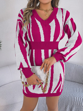 Shop Animal Print V-Neck Long Sleeve Sweater Dress - High-Quality U.S. Made Women’s Fashion with Free & Fast Shipping