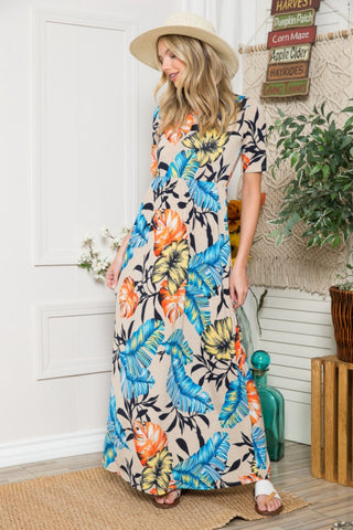 Shop Celeste Full Size Printed Round Neck Short Sleeve Maxi Dress - High-Quality U.S. Made Women’s Fashion with Free & Fast Shipping