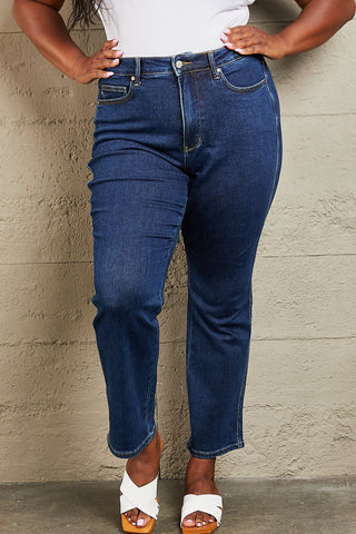 Shop Dark Judy Blue Kailee Full Size Tummy Control High Waisted Straight Jeans - High-Quality U.S. Made Women’s Fashion with Free & Fast Shipping