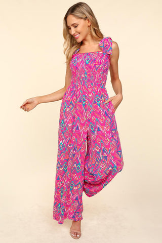 Shop Haptics Printed Smocked Sleeveless Jumpsuit - High-Quality U.S. Made Women’s Fashion with Free & Fast Shipping