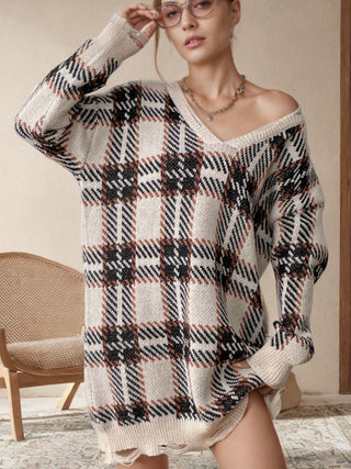 Shop Tan One Size Distressed Plaid V-Neck Long Sleeve Sweater Dress - High-Quality U.S. Made Women’s Fashion with Free & Fast Shipping