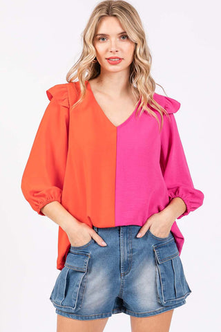 Shop Orange Fuchsia GeeGee Full Size Ruffle Trim Contrast Blouse - High-Quality U.S. Made Women’s Fashion with Free & Fast Shipping