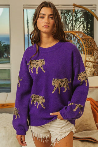 Shop BiBi Tiger Pattern Long Sleeve Sweater - High-Quality U.S. Made Women’s Fashion with Free Fast Shipping