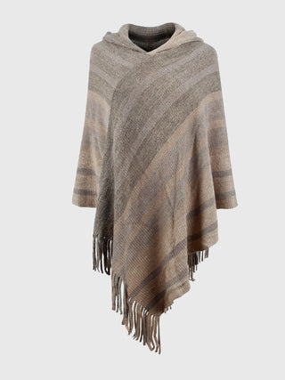 Shop Khaki One Size Striped Fringe Hem Hooded Poncho - High-Quality U.S. Made Women’s Fashion with Free & Fast Shipping