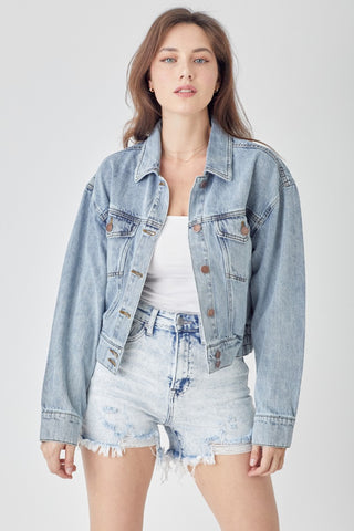 Shop Light RISEN Full Size Button Down Cropped Denim Jacket - High-Quality U.S. Made Women’s Fashion with Free & Fast Shipping