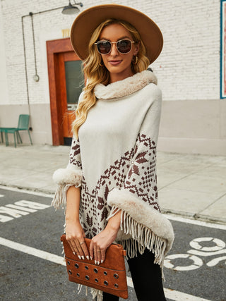 Shop Fringe Geometric Cape Sleeve Poncho - High-Quality U.S. Made Women’s Fashion with Free Fast Shipping