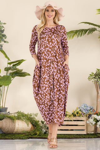 Shop Brown Lilac Leopard Celeste Full Size Leopard Contrast Dress with Pockets - High-Quality U.S. Made Women’s Fashion with Free & Fast Shipping