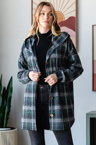 Shop Heimish Plaid Button Down Long Sleeve Hooded Cardigan - High-Quality U.S. Made Women’s Fashion with Free & Fast Shipping