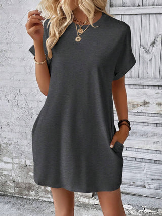 Shop Dark Gray Round Neck Short Sleeve Mini Dress - High-Quality U.S. Made Women’s Fashion with Free & Fast Shipping