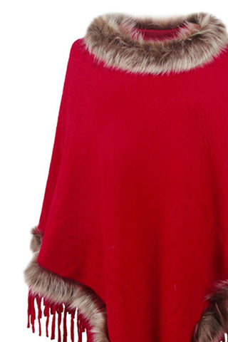 Shop Faux Fur Trim Fringed Poncho - High-Quality U.S. Made Women’s Fashion with Free & Fast Shipping