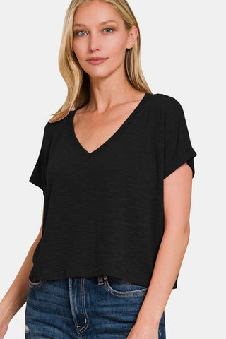 Shop Zenana V-Neck Short Sleeve Crop T-Shirt - High-Quality U.S. Made Women’s Fashion with Free & Fast Shipping