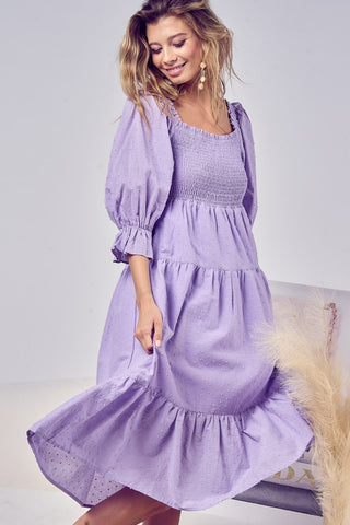 Shop Lavender BiBi Swiss Dot Flounce Sleeve Smocked Tiered Midi Dress - High-Quality U.S. Made Women’s Fashion with Free & Fast Shipping