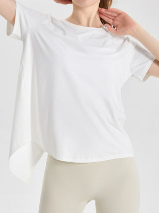 Shop White Slit Round Neck Short Sleeve Active T-Shirt - High-Quality U.S. Made Women’s Fashion with Free & Fast Shipping