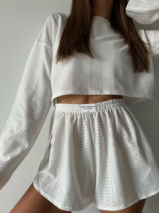 Shop Eyelet Round Neck Top and Shorts Set - High-Quality U.S. Made Women’s Fashion with Free Fast Shipping