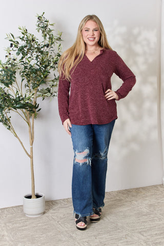 Shop Heimish Full Size Notched Long Sleeve Top - High-Quality U.S. Made Women’s Fashion with Free & Fast Shipping