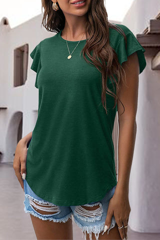 Shop Dark Green Ruffled Round Neck Cap Sleeve Blouse - High-Quality U.S. Made Women’s Fashion with Free & Fast Shipping