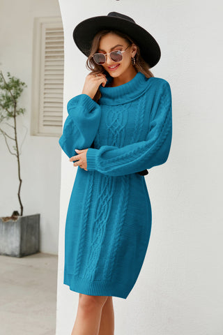 Shop Woven Right Mixed Knit Turtleneck Lantern Sleeve Sweater Dress - High-Quality U.S. Made Women’s Fashion with Free Fast Shipping