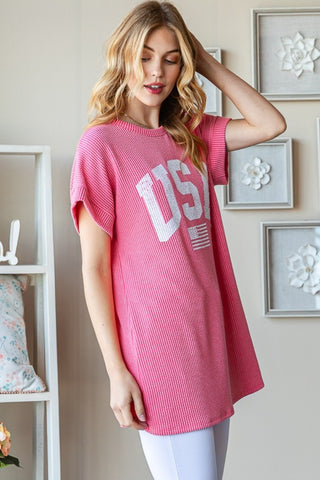 Shop Heimish Full Size USA Graphic Short Sleeve Ribbed Top - High-Quality U.S. Made Women’s Fashion with Free & Fast Shipping