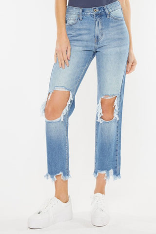 Shop Medium Kancan High Waist Chewed Up Straight Mom Jeans - High-Quality U.S. Made Women’s Fashion with Free & Fast Shipping