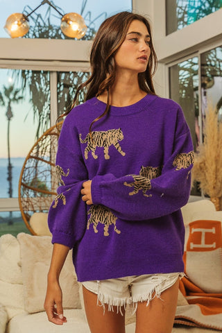 Shop BiBi Tiger Pattern Long Sleeve Sweater - High-Quality U.S. Made Women’s Fashion with Free Fast Shipping