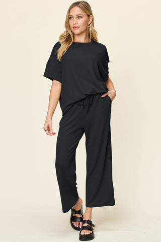 Shop Double Take Full Size Texture Round Neck Short Sleeve T-Shirt and Wide Leg Pants - High-Quality U.S. Made Women’s Fashion with Free Fast Shipping