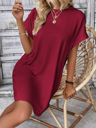 Shop Burgundy Round Neck Short Sleeve Mini Dress - High-Quality U.S. Made Women’s Fashion with Free & Fast Shipping