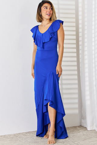 Shop Dark Blue Ruffled V-Neck High-Low Dress - High-Quality U.S. Made Women’s Fashion with Free & Fast Shipping