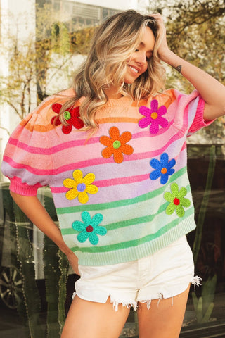 Shop Apricot Multi BiBi Flower Patch Puff Sleeve Striped Sweater - High-Quality U.S. Made Women’s Fashion with Free & Fast Shipping