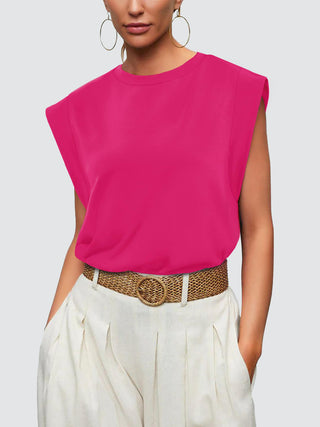 Shop Hot Pink Round Neck Cap Sleeve Tank - High-Quality U.S. Made Women’s Fashion with Free & Fast Shipping