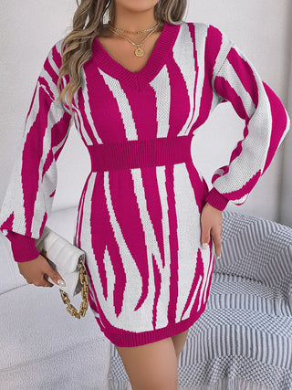 Shop Animal Print V-Neck Long Sleeve Sweater Dress - High-Quality U.S. Made Women’s Fashion with Free Fast Shipping