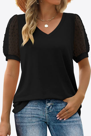 Shop Black Swiss Dot Puff Sleeve V-Neck Tee - High-Quality U.S. Made Women’s Fashion with Free & Fast Shipping