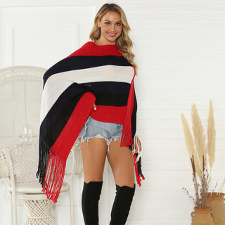 Shop Striped Fringe Trim Poncho - High-Quality U.S. Made Women’s Fashion with Free Fast Shipping