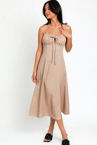 Shop Beige Le Lis Flare Front Tie Front Slit Midi Dress - High-Quality U.S. Made Women’s Fashion with Free & Fast Shipping