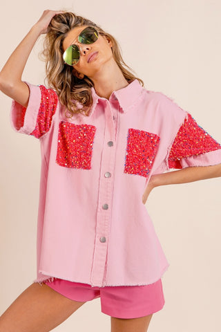 Shop Pink Fuchsia BiBi Sequin Detail Raw Hem Short Sleeve Shirt - High-Quality U.S. Made Women’s Fashion with Free & Fast Shipping