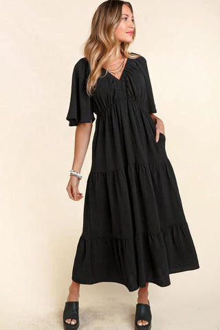 Shop Black Haptics Tiered Babydoll Maxi Dress with Side Pocket - High-Quality U.S. Made Women’s Fashion with Free & Fast Shipping