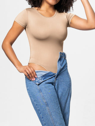 Shop Tan Full Size Round Neck Short Sleeve Bodysuit - High-Quality U.S. Made Women’s Fashion with Free & Fast Shipping