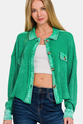 Shop KGREEN Zenana Waffle-Knit Button Up Dropped Shoulder Jacket - High-Quality U.S. Made Women’s Fashion with Free & Fast Shipping