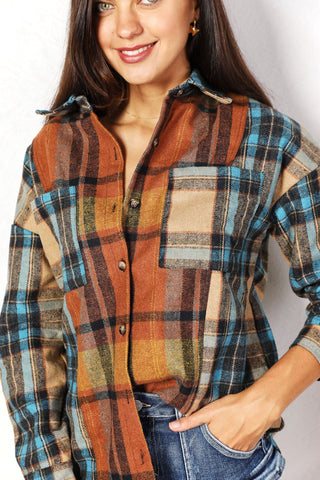 Shop Double Take Plaid Curved Hem Shirt Jacket with Breast Pockets - High-Quality U.S. Made Women’s Fashion with Free & Fast Shipping