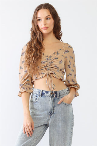 Shop Taupe Miss Love / Kevin Co. Floral Ruffle Smocked Back Ruched Crop Top - High-Quality U.S. Made Women’s Fashion with Free & Fast Shipping