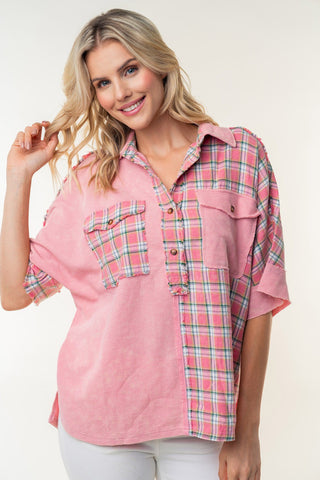 Shop White Birch Plaid Color Block Half Button Top - High-Quality U.S. Made Women’s Fashion with Free & Fast Shipping