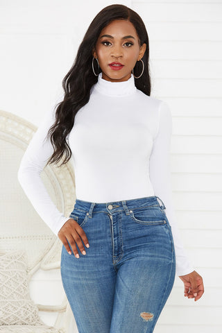 Shop White Turtleneck Long Sleeve Bodysuit - High-Quality U.S. Made Women’s Fashion with Free & Fast Shipping