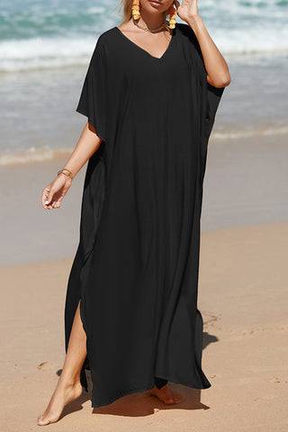 Shop Black One Size Slit V-Neck Half Sleeve Cover-Up - High-Quality U.S. Made Women’s Fashion with Free & Fast Shipping