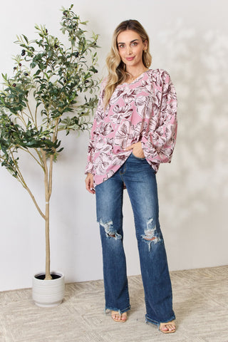 Shop Heimish Full Size Floral V-Neck Balloon Sleeve Blouse - High-Quality U.S. Made Women’s Fashion with Free & Fast Shipping