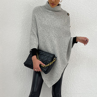 Shop Light Gray Turtleneck Buttoned Poncho - High-Quality U.S. Made Women’s Fashion with Free & Fast Shipping