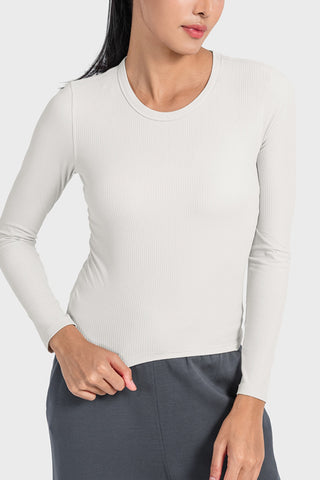 Shop White Millennia Round Neck Long Sleeve Sports Top - High-Quality U.S. Made Women’s Fashion with Free & Fast Shipping